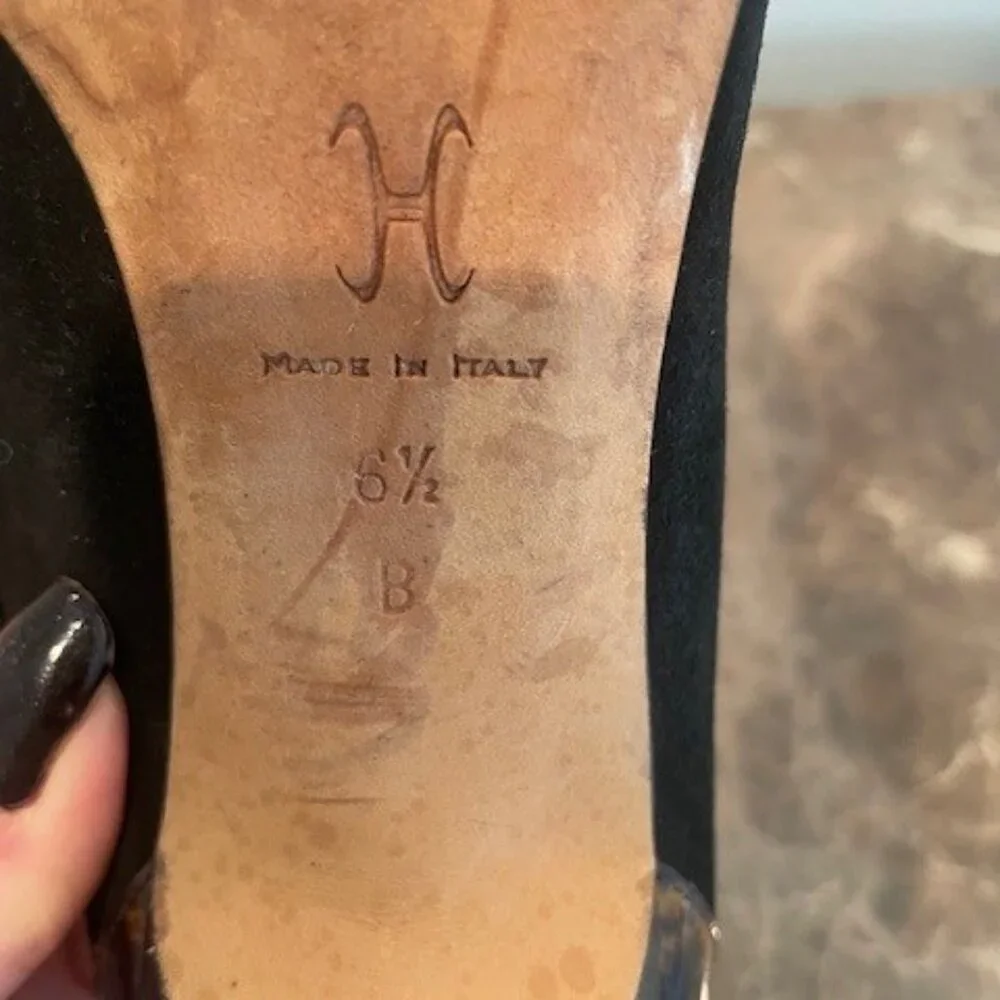 Cole Haan Collection Black Suede Ankle Strap with Tortoise Heels – Sz 6.5